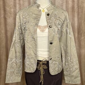 Vintage Y2K Embroidered Floral Paisley Jacket Button Up Tan Boho Hippie Festival